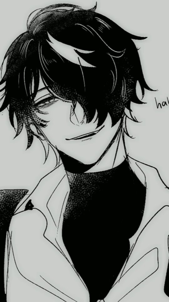 the image is a black and white drawing of an animestyle boy. he has dark, messy hair that covers part of his face, and he's wearing a darkcolored shirt under a lightcolored jacket. his expression is a smirk, and his eyes are partially hidden by his bangs. the art style is quite detailed, with shading and linework giving the image a sense of depth and texture. the overall mood is cool and edgy.