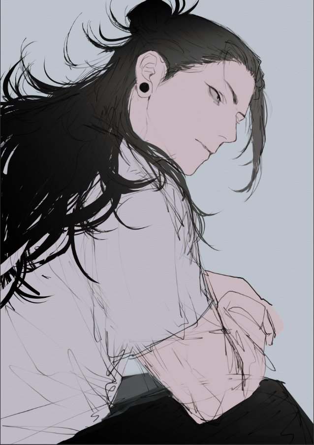 the image is a digital illustration of a young woman with long black hair. she has a bun in her hair and a small earring in her ear. she is wearing a white shirt and has a serious expression on her face. she is sitting with her arms crossed and looks to be deep in thought. the drawing is done in a simple, minimalist style with soft, pastel colors and shades.