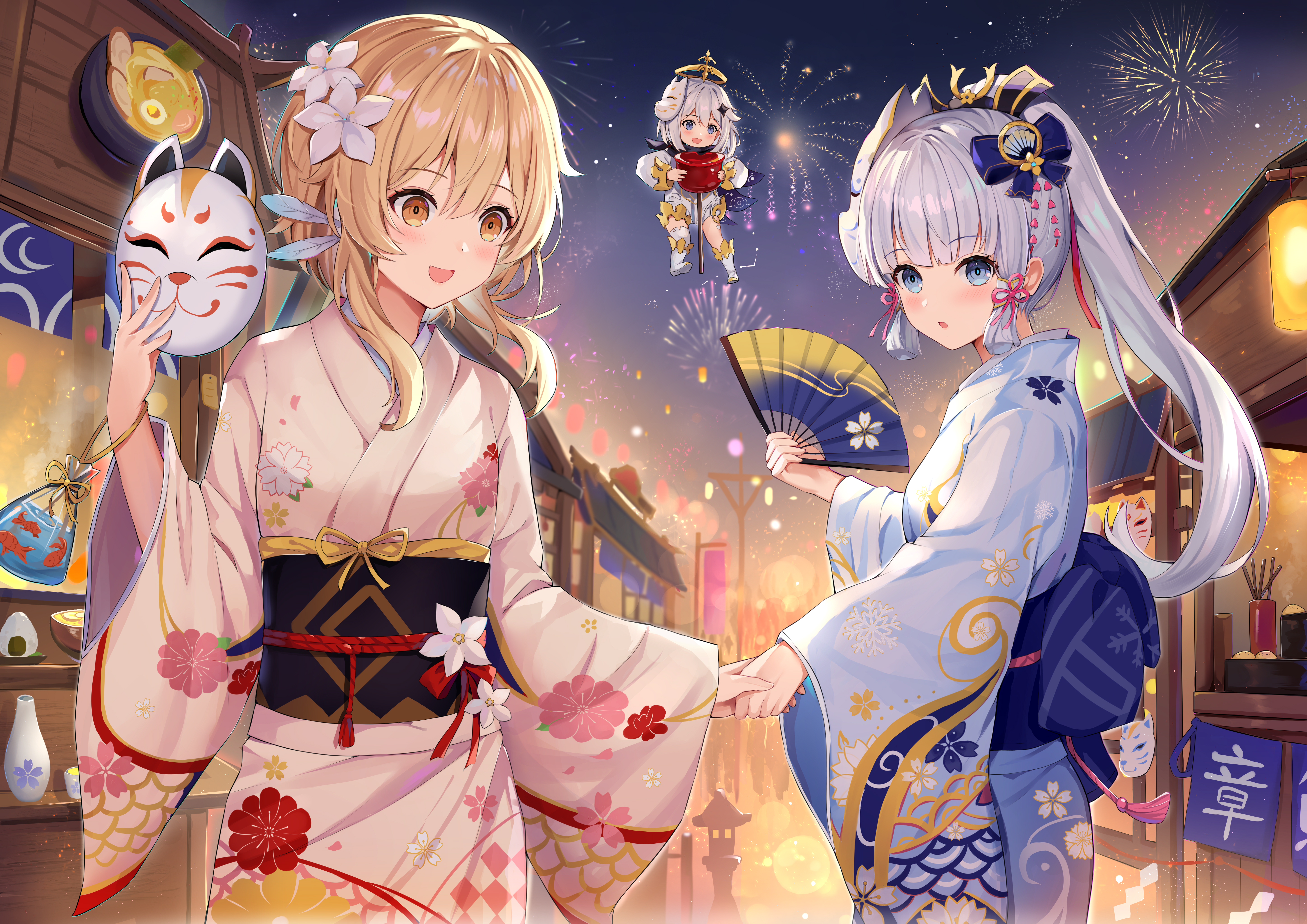 the image is a digital illustration of two anime girls dressed in beautiful kimonos, standing in a bustling japanese street at night during a festival. one girl has blonde hair and a pink kimono, holding a kitsune mask; the other has white hair and a light blue kimono, holding a hand fan.  fireworks illuminate the night sky, and lanterns hang from the buildings. a smaller anime character is visible in the background, seemingly celebrating the festivities. the overall atmosphere is cheerful and festive, emphasizing the beauty of japanese culture and tradition.
