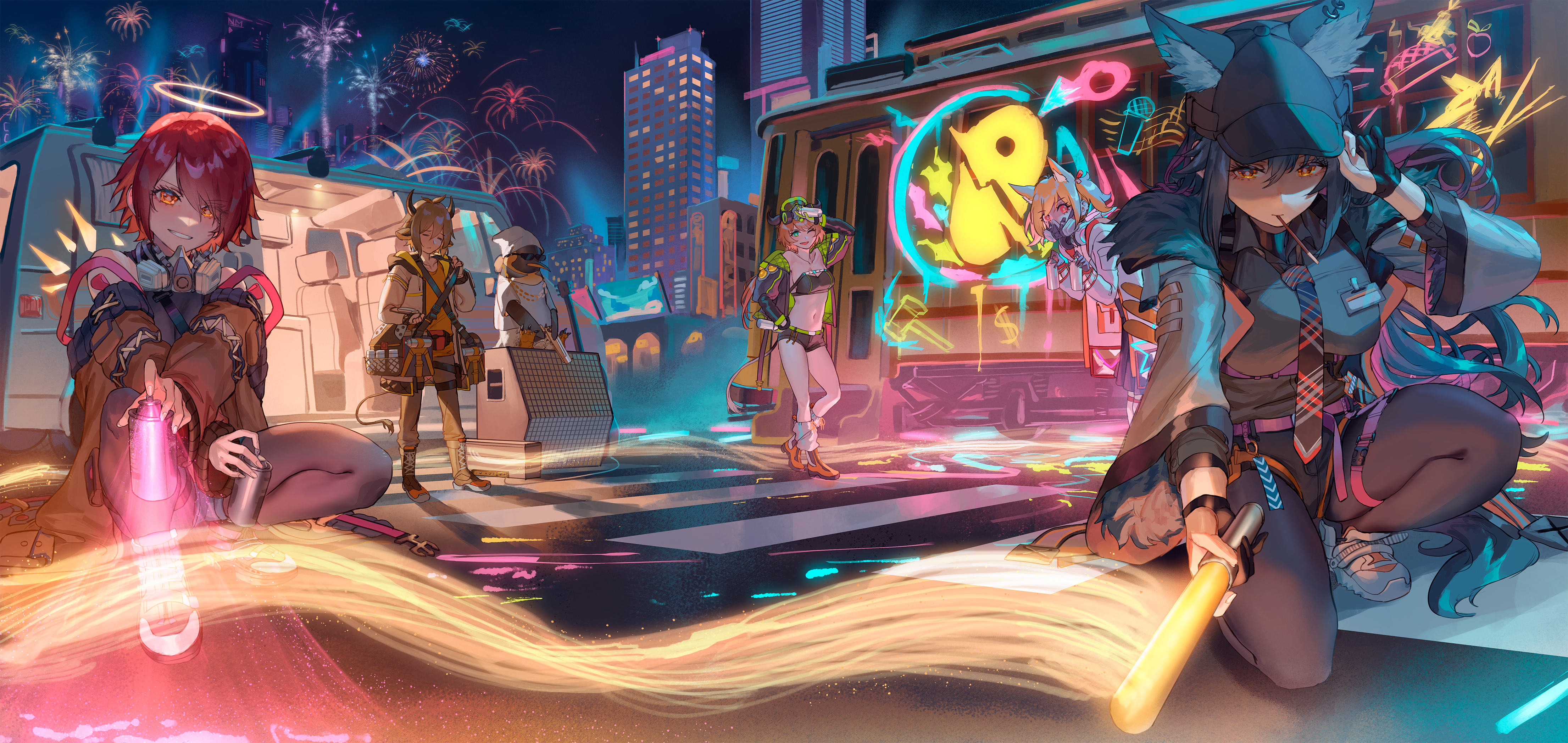 the image is a vibrant digital illustration in an anime style.  it depicts a group of five stylish female anime characters engaged in street art activities at night in a futuristic cityscape. fireworks explode in the background adding to the festive and energetic atmosphere. the girls are dressed in contemporary and futuristic clothing, each with a distinct personality reflected in their attire and poses. one character is using spray paint while another wields a glowing baton.  a tram with graffiti art is prominently featured in the background, further emphasizing the urban and artistic theme. the overall style is bright, colorful, and dynamic with a focus on movement and energy. the scene is set in a crosswalk, with glowing streaks of color seeming to emanate from their actions.