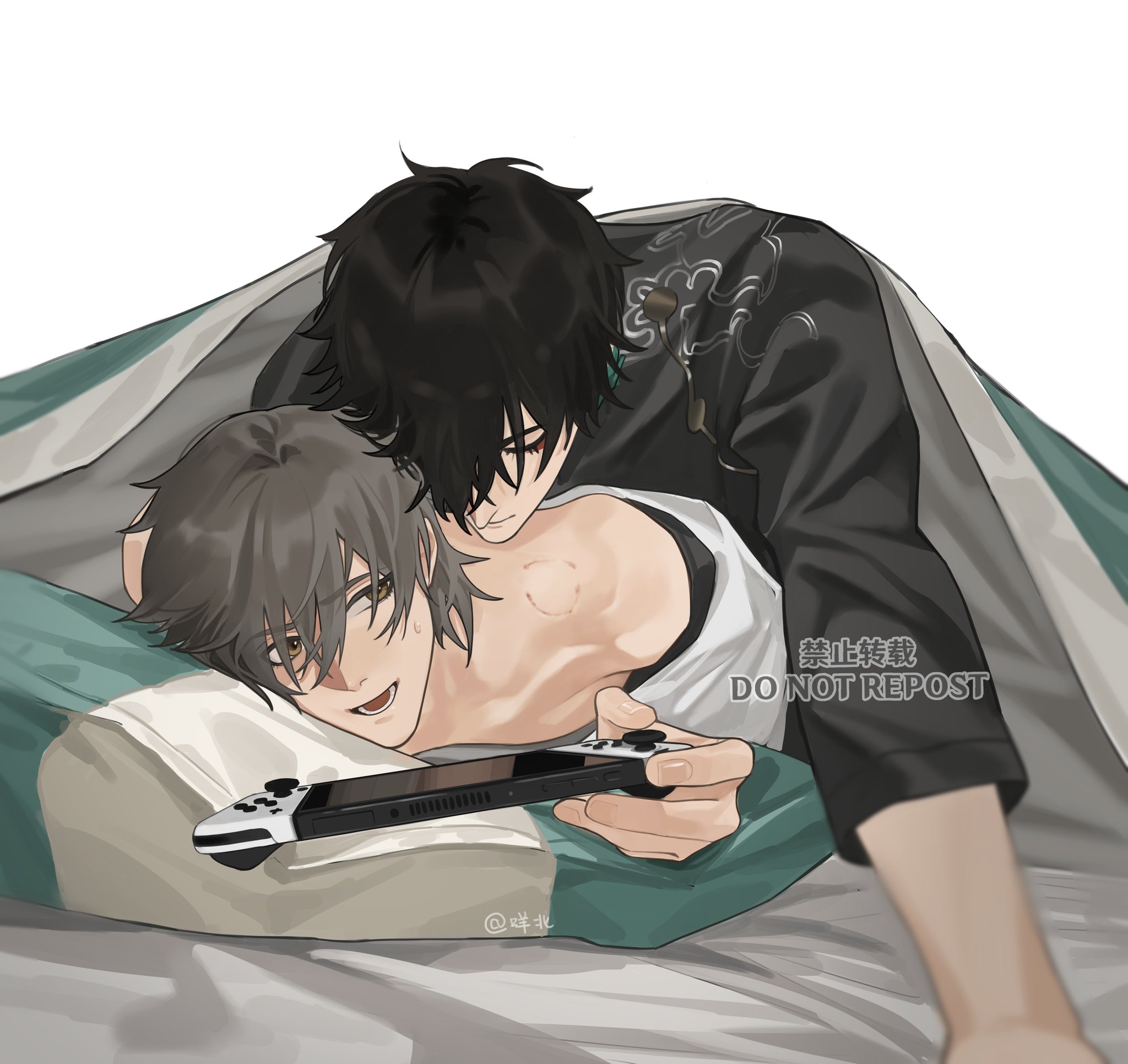 the image depicts a cozy scene of two anime boys in a bedroom. the boy with black hair is laying over the other boy, who is holding a nintendo switch console. both boys are smiling happily, suggesting they are enjoying a playful moment together. the image conveys a sense of intimacy and affection between the couple.
