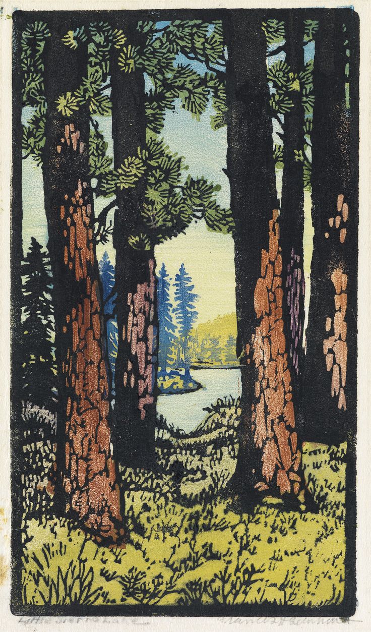 this is a color woodblock print titled "little lake tahoe" by stanley h. h. hayter. the image depicts a tranquil scene of a lake partially visible through a stand of tall pine trees. the trees dominate the foreground, their dark trunks contrasting with the lighter colors of the lake and sky. the style is reminiscent of japanese woodblock prints, with bold lines and flat areas of color. the colors are mostly muted greens, browns, and blues, creating a peaceful and serene atmosphere. the print is detailed, with visible texture in the tree bark and foliage.  the artist's signature and title are visible at the bottom.