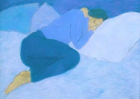 the painting depicts a woman sleeping soundly in bed.  she is curled up on her side, facing the viewer, with her head resting on a pillow. the entire composition is rendered in various shades of blue, creating a serene and tranquil atmosphere.