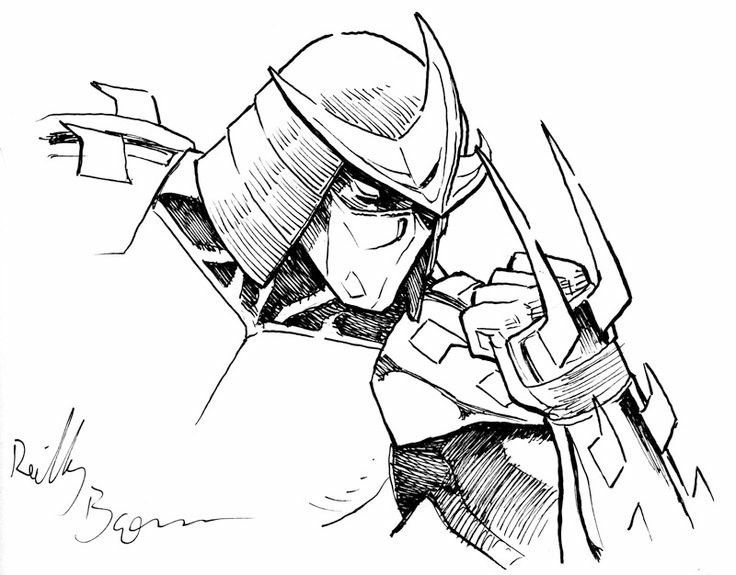 a black and white line art drawing of a ninja character with a mask and helmet. the character is holding a sword in their right hand, and is posed in a fighting stance. the drawing is a sketch style and has a comic book feel to it.  it is a depiction of the character shredder from the teenage mutant ninja turtles.