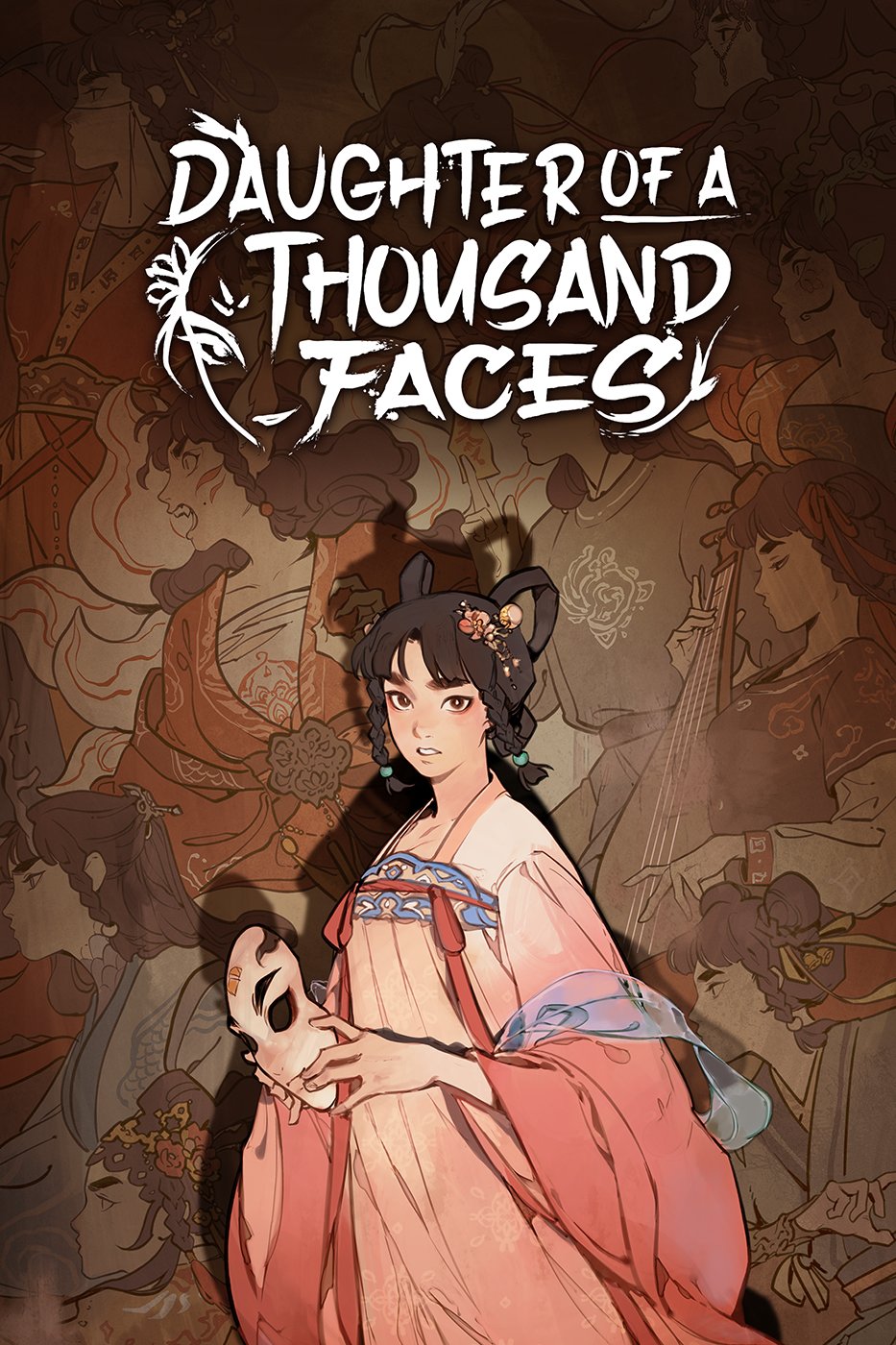 the image is a book cover with the title "daughter of a thousand faces" prominently displayed at the top. the main subject is a young woman in traditional asianstyle clothing. she is holding a plain white mask in her hands. in the background, there are many faded images of other faces, some of which are playing instruments or wearing traditional garments. the overall style is reminiscent of a fantasy illustration with a cultural and historical feel.