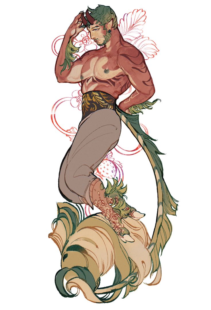 a digital illustration of a male demon with green hair, horns, and a long, flowing tail. he is wearing a gold belt and has a mischievous grin on his face. he is standing in front of a background of abstract swirls and patterns.