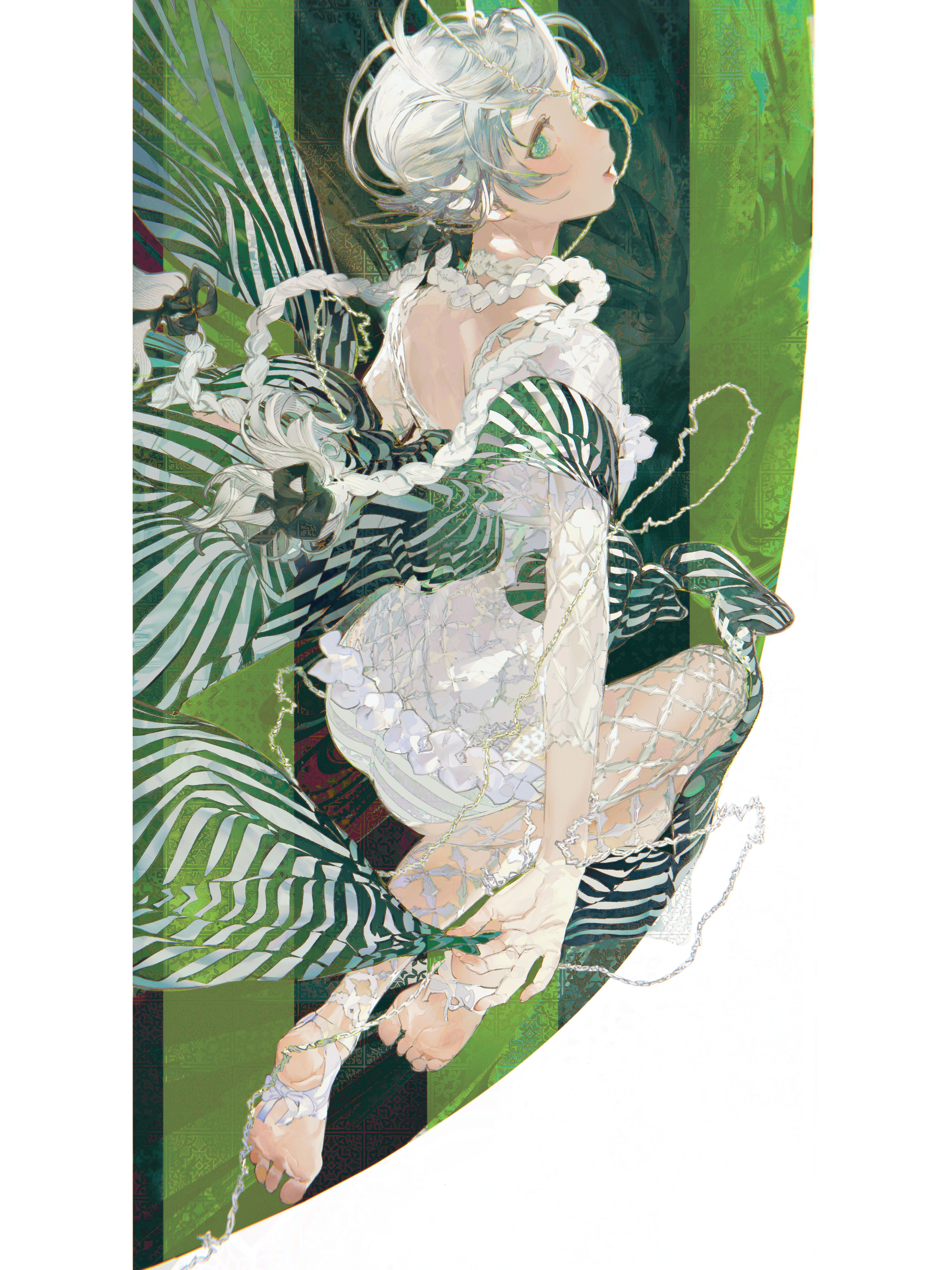 the image is a digital painting or illustration of a young woman, possibly an anime character, with white hair and green eyes. she is depicted in a flowing, white and green striped dress that resembles a kimono, adorned with intricate lacelike details.  the overall style is ethereal and whimsical, featuring soft, blended colors and a dreamlike atmosphere. she appears to be partially submerged or enveloped in a swirling, green background with hints of dark undertones. the artist's style is highly detailed and textured, with a focus on creating a sense of movement and fluidity in the character's pose and the surrounding elements. the overall mood is one of enchanting mystery and beauty.
