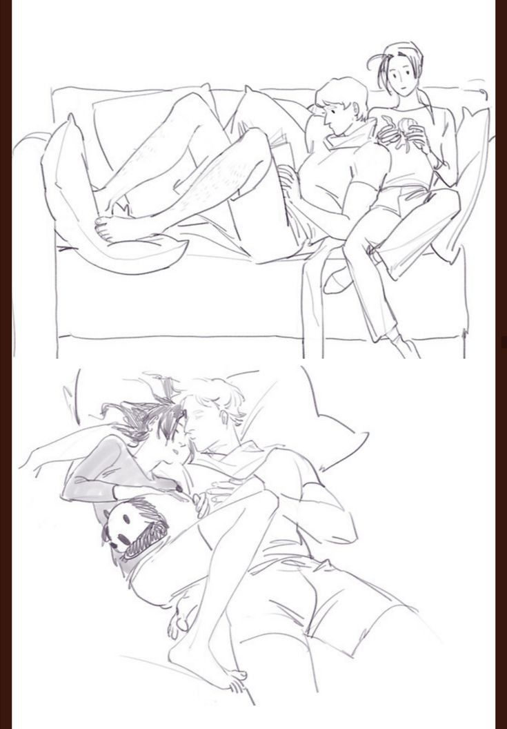 the image shows two sketches. the first depicts two men sitting on a couch with pillows. one man is shirtless and sprawled out with his legs on a pillow while holding what looks like a book or tablet. the second man is sitting up with his legs crossed and is holding a phone. the second sketch shows the same two men cuddling in bed under a blanket. one man is shirtless with shorts while cuddling and the other man is lying down with a blanket over him wearing pajamas.