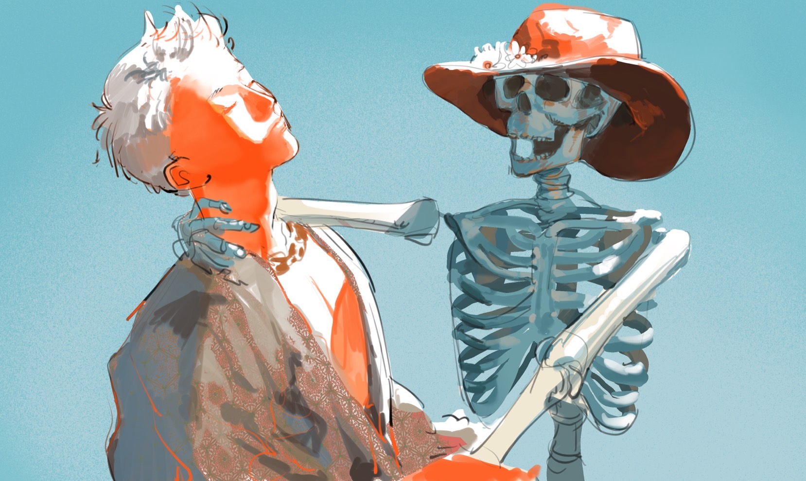 a digital illustration of a human and a skeleton. the human is wearing a brown scarf and orange clothing and looks to be looking up, while the skeleton is wearing a red hat with white flowers on it, has a smile on its face and its left arm is around the human's neck. they are both on a blueish background with the skeleton's arm and bone structure a darker shade of blue. the skeleton has orangetoned bones.