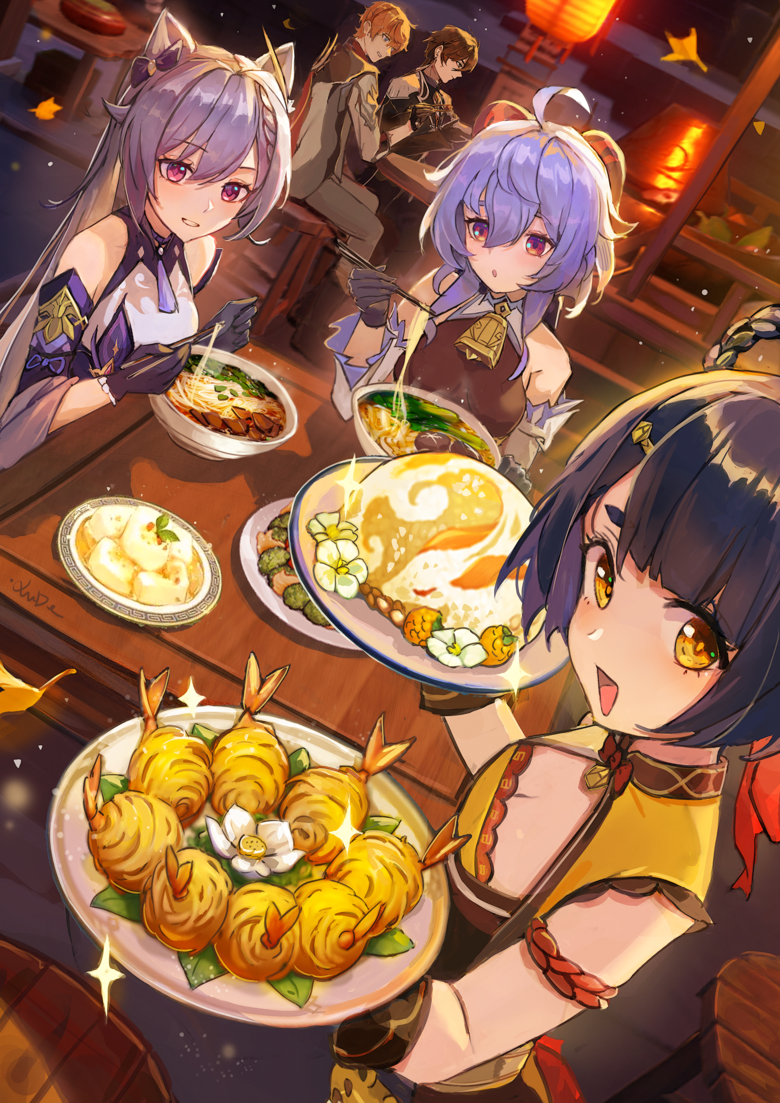 an illustration featuring several animestyled characters from the game genshin impact, enjoying a deliciouslooking chinese feast. ganyu, raiden shogun, and kokomi are prominently seated at a table laden with various dishes, including noodles, rice, shrimp, and a decorative rice cake. the scene is set in a warm, inviting restaurant at night, illuminated by lanterns and stars. the overall mood is cheerful and celebratory.