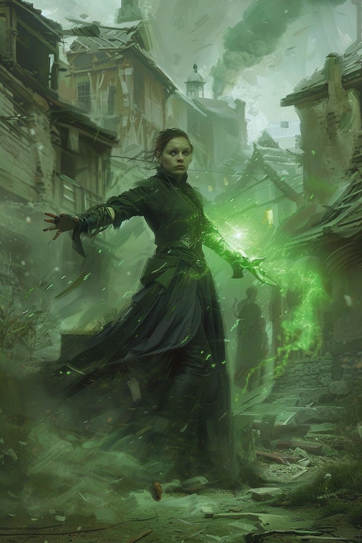 a woman in a dark robe stands amidst a destroyed cityscape, casting a glowing green spell. smoke and fog fill the air, giving the scene an eerie and mystical atmosphere. the woman's expression is intense and focused, suggesting a powerful magical force at work. the ruined buildings around her create a sense of chaos and destruction, adding to the dramatic feel of the image.