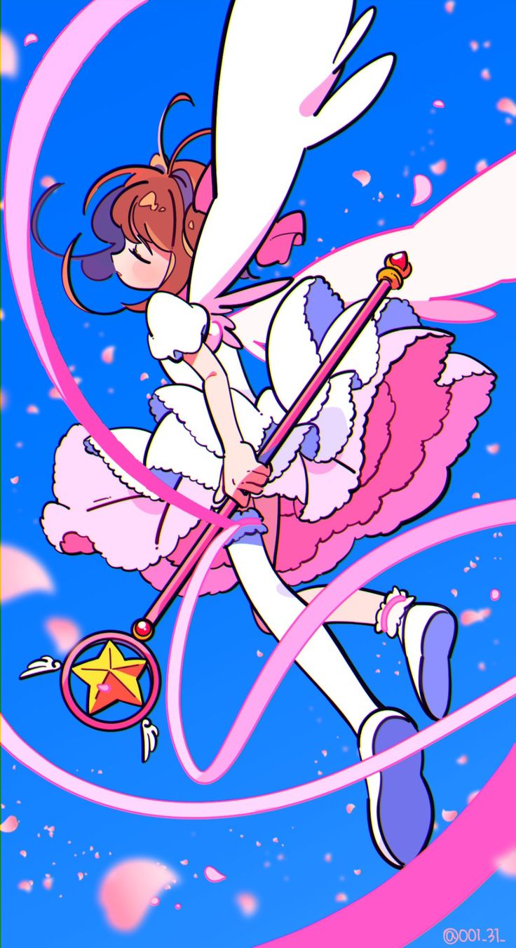 the image depicts a magical girl anime character flying through the air. she is wearing a pink and white dress, has wings, and is holding a magical wand. there are pink and blue ribbons trailing behind her. the background is blue with pink flowers. she is looking up at the sky with a dreamy expression. the image is drawn in a cartoon style.  the image is whimsical and magical. the magical girl is a powerful and beautiful being.