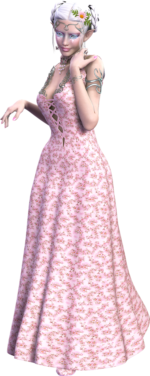 a digital rendering of an elf woman standing against a black background. she has fair skin, white hair styled with flowers, and wears a long pink gown with a floral pattern. she is adorned with jewelry and poses with one hand raised near her face.
