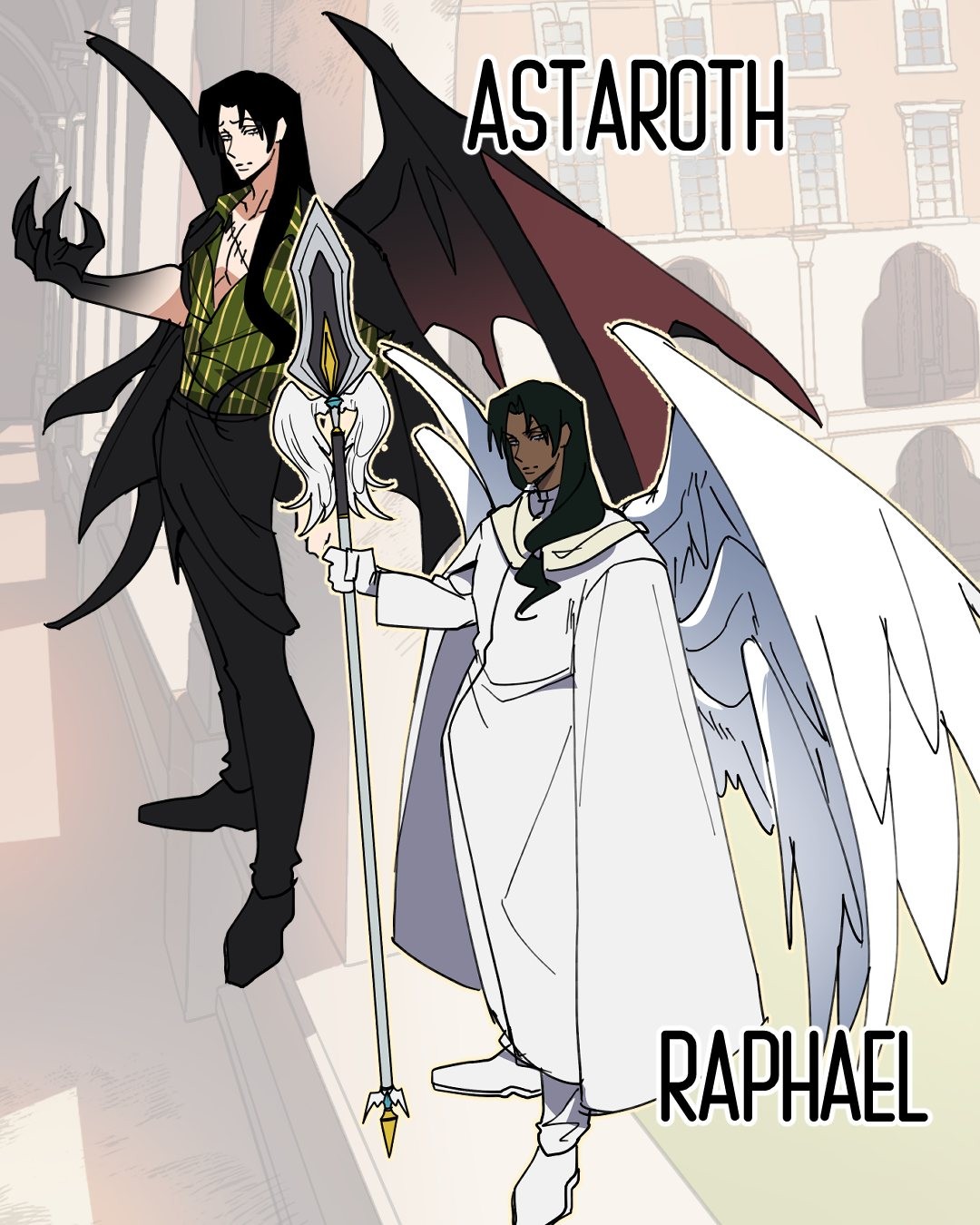 the image features a stylized illustration of two male figures, each representing a powerful celestial being.  on the left is astaroth, a demon with dark, batlike wings, clad in dark clothing and wielding a spearlike staff. he has long, dark hair and a somewhat sinister expression. on the right is raphael, an angel, adorned with large, white feathered wings and dressed in flowing white robes. he appears serene and holds the same staff as astaroth,  suggesting a connection or conflict between the two. the background features a muted, architectural setting that complements the overall aesthetic. the style is reminiscent of anime or manga, with a focus on character design and dramatic visual elements.  the names of the characters, "astaroth" and "raphael," are prominently displayed above each figure.