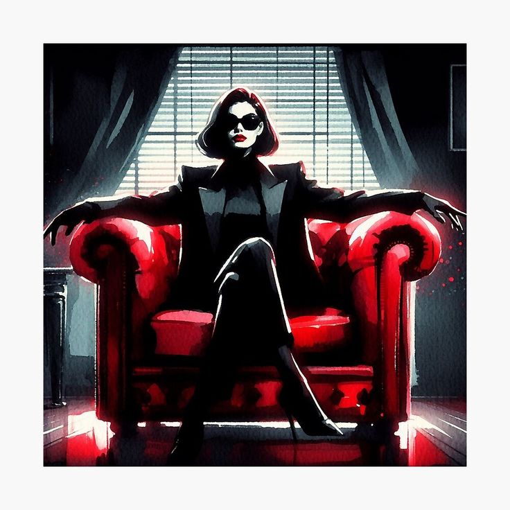 a woman in a black suit and sunglasses sits confidently in a red armchair. the image is digitally painted in a stylized art style, and the lighting creates a dramatic and stylish atmosphere. the woman's posture and expression exude power and elegance.