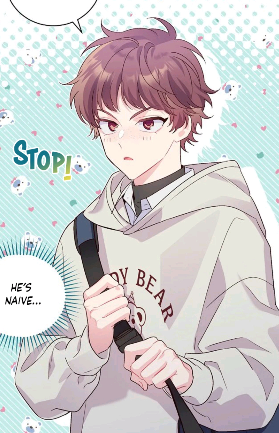 a cartoon of a boy, most likely anime, with maroon hair wearing a white hoodie with "teddy bear" written on it, looking suspicious.