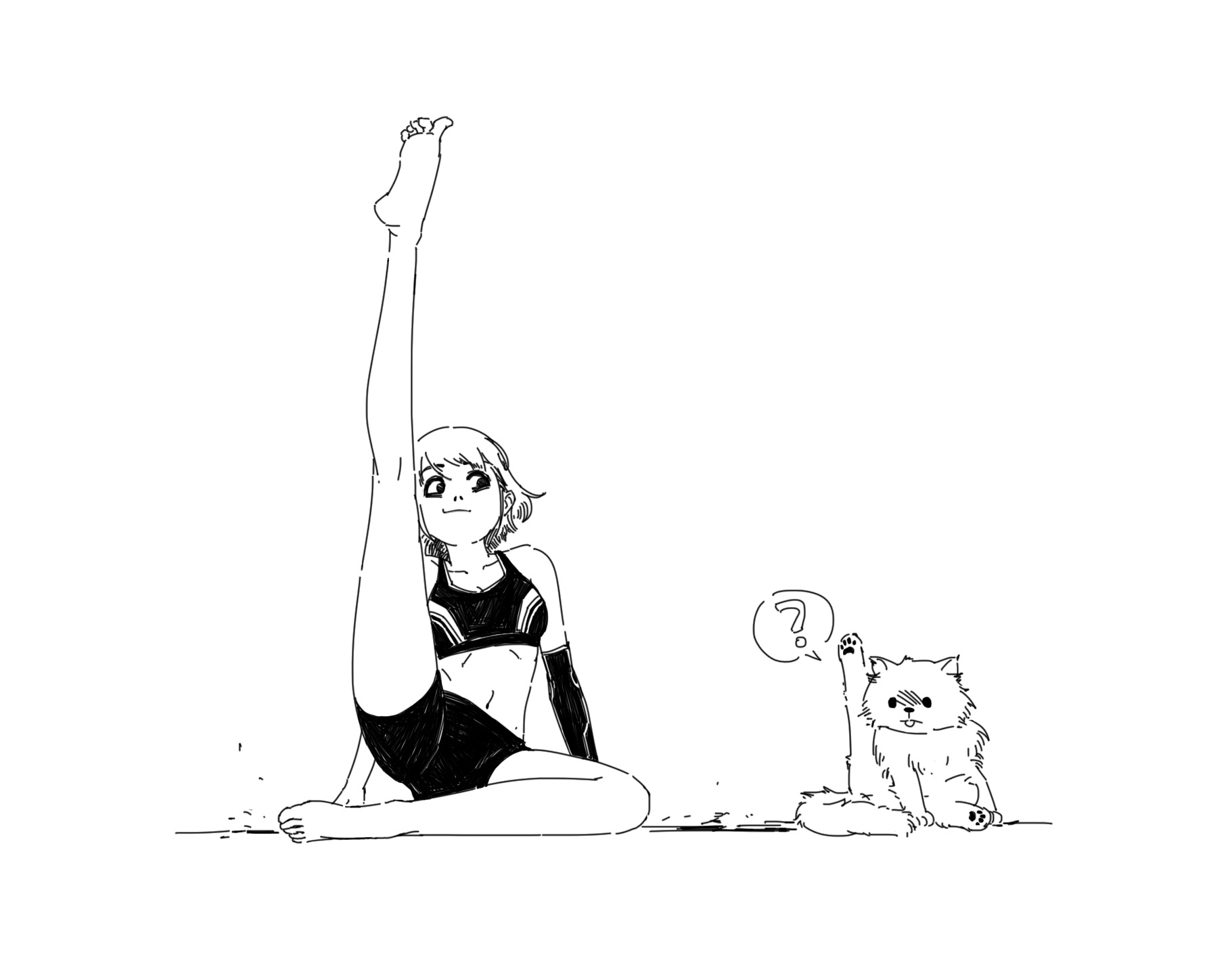 the illustration is a black and white line drawing. it depicts a young woman with short hair, wearing a sports bra and shorts, sitting on the floor with one leg raised high in a flexible stretch.  beside her, a fluffy cat is sitting with its paw raised as if asking a question, a question mark thought bubble above its head. the style is reminiscent of simple cartoon or anime/manga art. the overall feeling is lighthearted and slightly humorous.