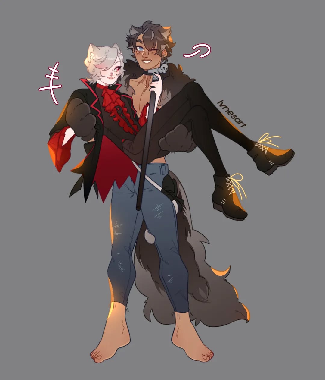 the illustration depicts a  wolflike character (werewolf) carrying a smaller, sheeplike character. the werewolf is wearing ripped jeans and has a grey wolf tail, while the sheep character is in a red and black costume reminiscent of a vampire or other halloween attire.  they appear to be a couple, with the werewolf carrying the sheep character gently.  the style is a soft, slightly whimsical digital illustration, with warm lighting highlighting the werewolf's legs. the background is a simple, muted grey. a small text annotation appears in the upper right corner, and a symbol representing sheep is to the upper left. the artist's signature, "ivnesart", is visible in the middle.