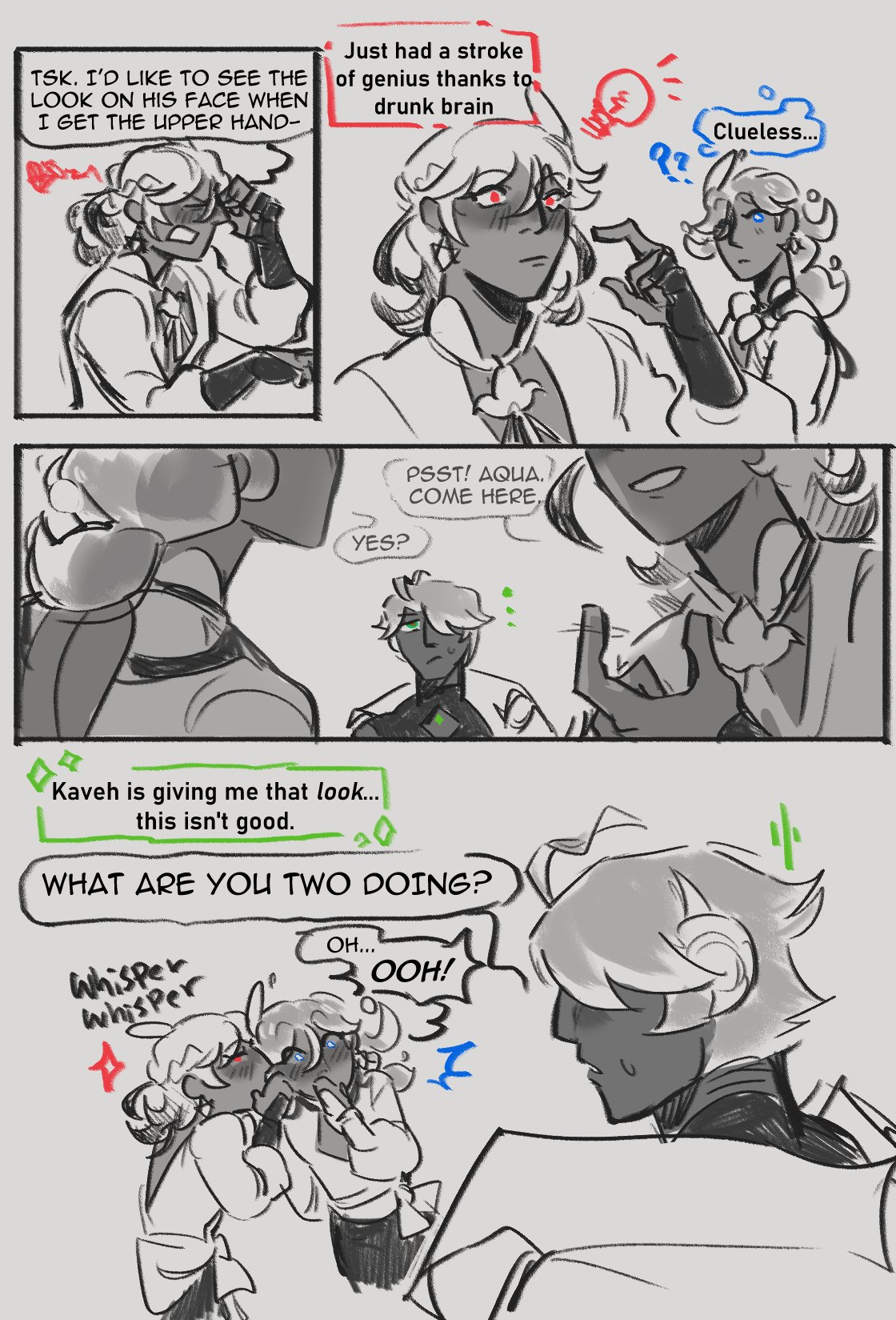 the image is a comic strip that depicts a scene between four characters: a character with long white hair and a stroke of genius thanks to drunk brain, a clueless character with long white hair, a character with long white hair  asking another character with long white hair to come here, and a character with long white hair looking at another character with long white hair. the characters are engaging in a conversation and interacting with each other in a humorous way.  the comic is drawn in a simple style with black and white lines. the speech bubbles contain dialogue that adds to the humor and narrative of the comic.  the overall tone of the comic is lighthearted and playful.