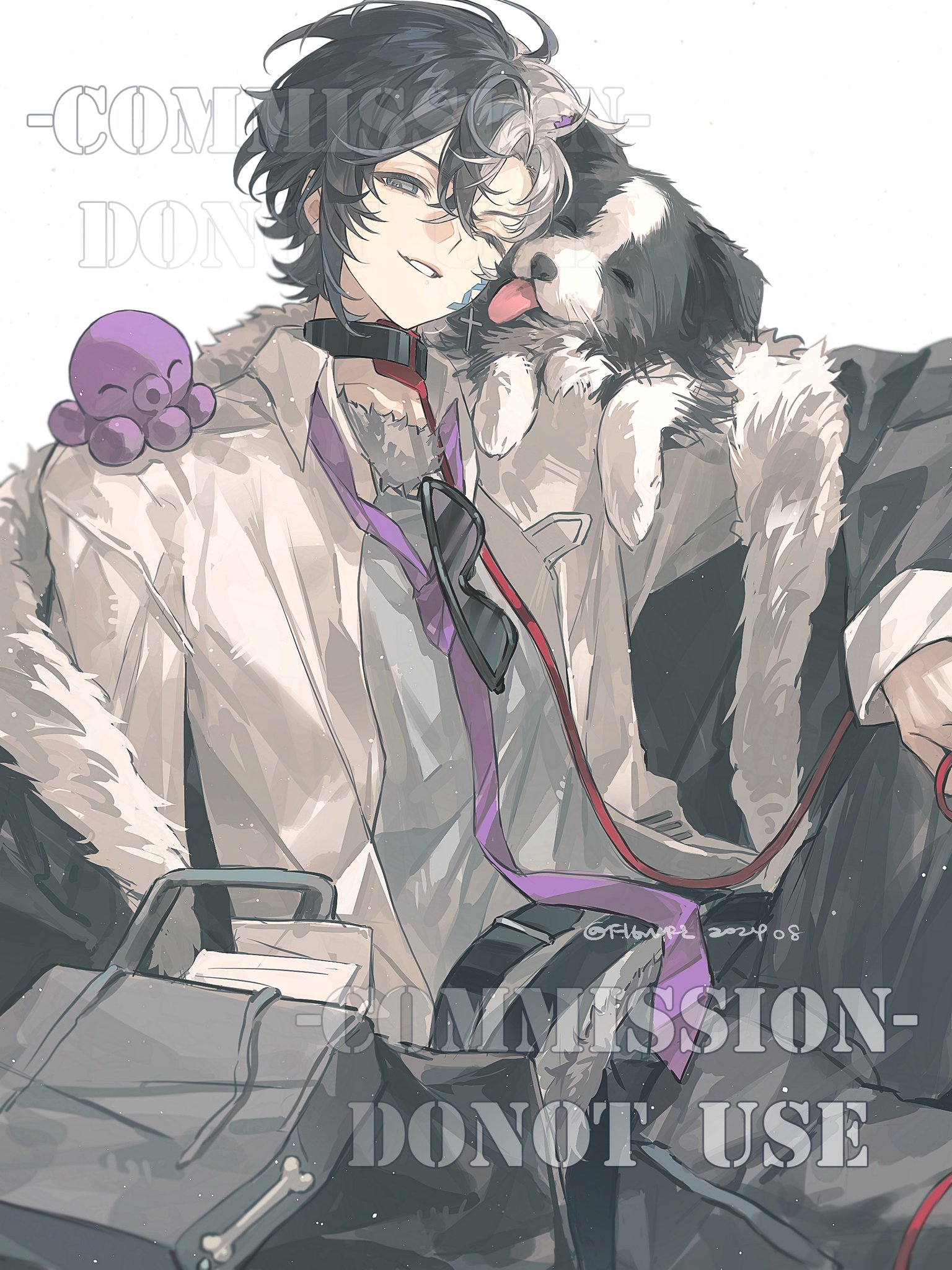 the image is a digital illustration in an anime style, depicting a man with dark hair and a lightcolored shirt with an open collar, wearing a fur coat. he has a mischievous expression on his face. a dog is nestled in his arms, licking his face. a small purple octopus is perched on his shoulder. sunglasses are casually hanging from his collar. a leash is draped across his body. he's holding a briefcase with a boneshaped detail. the words "commission  do not use" are superimposed over the image.