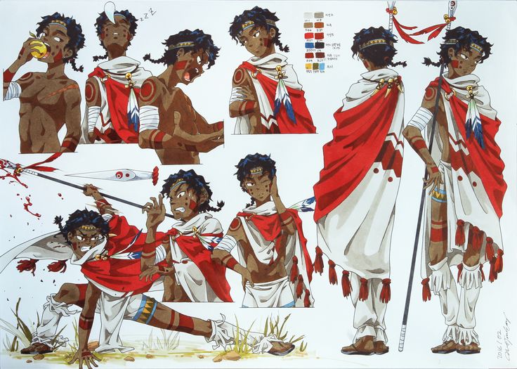 he image is a detailed character design sheet showcasing a young, darkskinned male character, potentially inspired by native american cultures.  the sheet features multiple poses and angles of the character, demonstrating various actions and expressions. he is dressed in a white garment with a striking red cape adorned with tassels and feathers.  tribal markings are visible on his skin, and he carries a spear.  a color palette is included alongside the character sketches. the style is reminiscent of anime or manga, with vibrant colors and dynamic poses.  the artwork is meticulously rendered, exhibiting attention to detail in both the character's design and the overall presentation of the sheet.