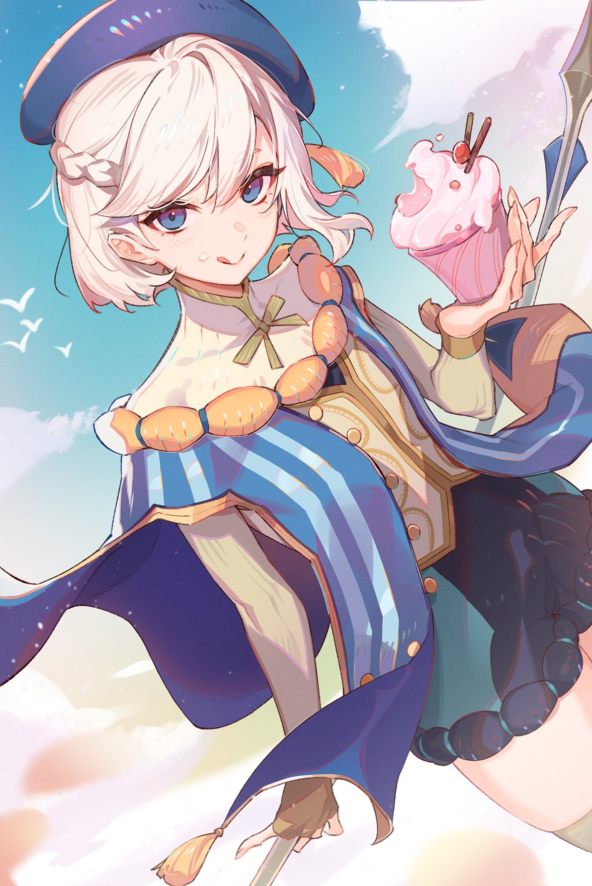 an animestyle illustration features a smiling girl with white hair and blue eyes. she's wearing a blue beret and a cape with blue and white stripes, adorned with sausagelike embellishments around the neck. she holds a pink cupcake decorated with cherries and chocolate sticks in one hand, while the other hand holds a spear. the background shows a light blue sky with white clouds and some flying birds.