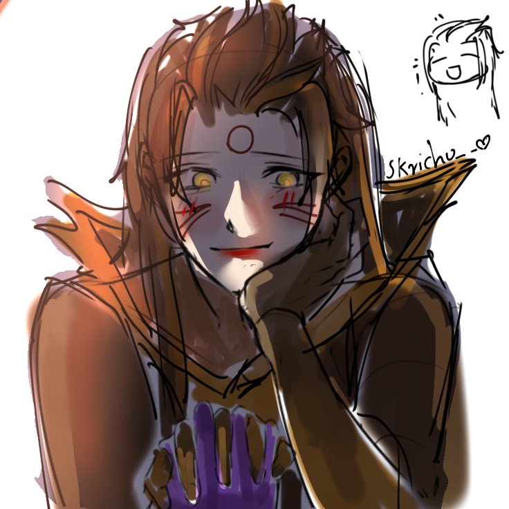 a digital art portrait of an anime girl with yellow eyes, brown hair, and a cute smile. she is wearing purple gloves and an orange and black outfit. the background is white. the artist's signature is in the top right corner of the image.