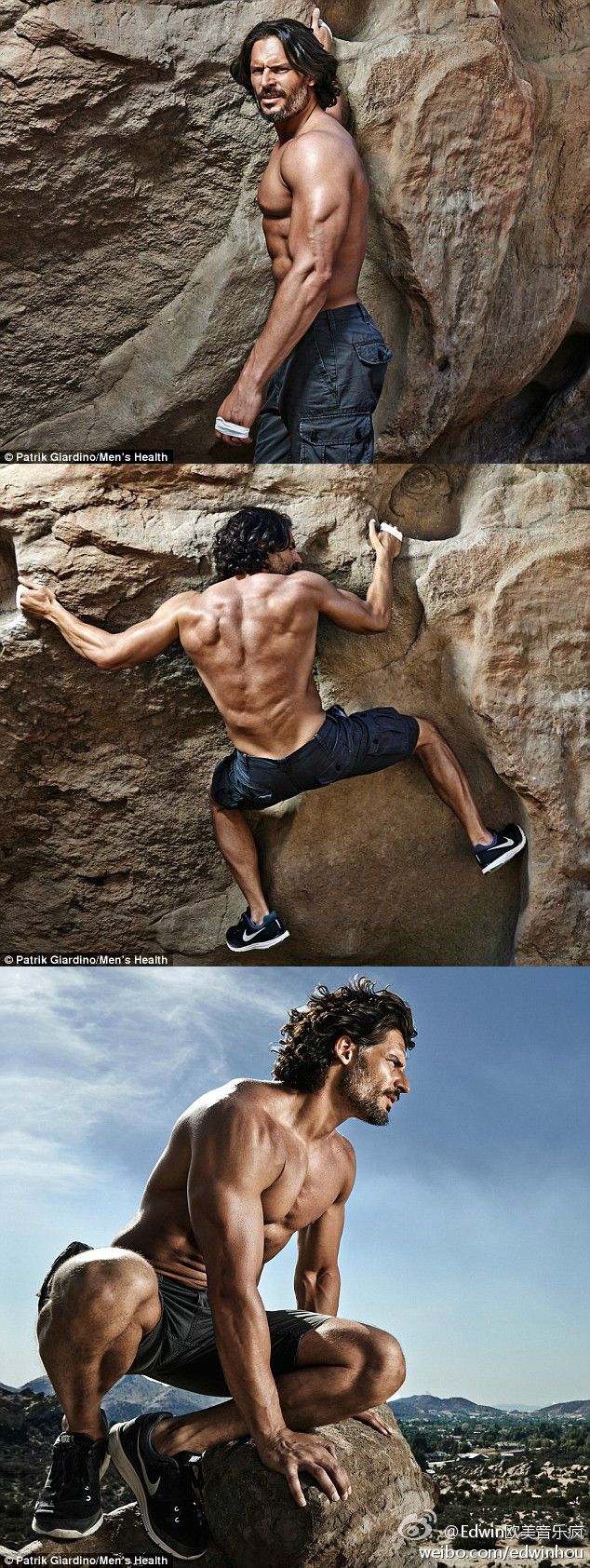 the image is a collage of three photos of a fit man. in the first photo, he's climbing a rock face.  in the second photo, he's also climbing a rock face, but from a different perspective. in the third photo, he's sitting on a rock with a view of the mountains in the background. the image portrays the man's athleticism, strength, and determination.  it inspires viewers to work hard to achieve their fitness goals.