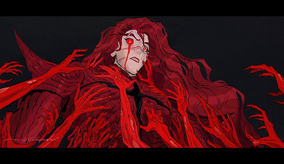 this is a digital art piece that depicts a horrifying creature with bloody hands. it is depicted in a dark and scary setting, with a lot of red and black colors. the monster's eyes are red and it has a sinister smile on its face. the artwork evokes feelings of horror and fear. the figure is surrounded by grasping hands, which adds to the sense of dread and fear. the overall style is dark and gritty, further emphasizing the horror of the scene.