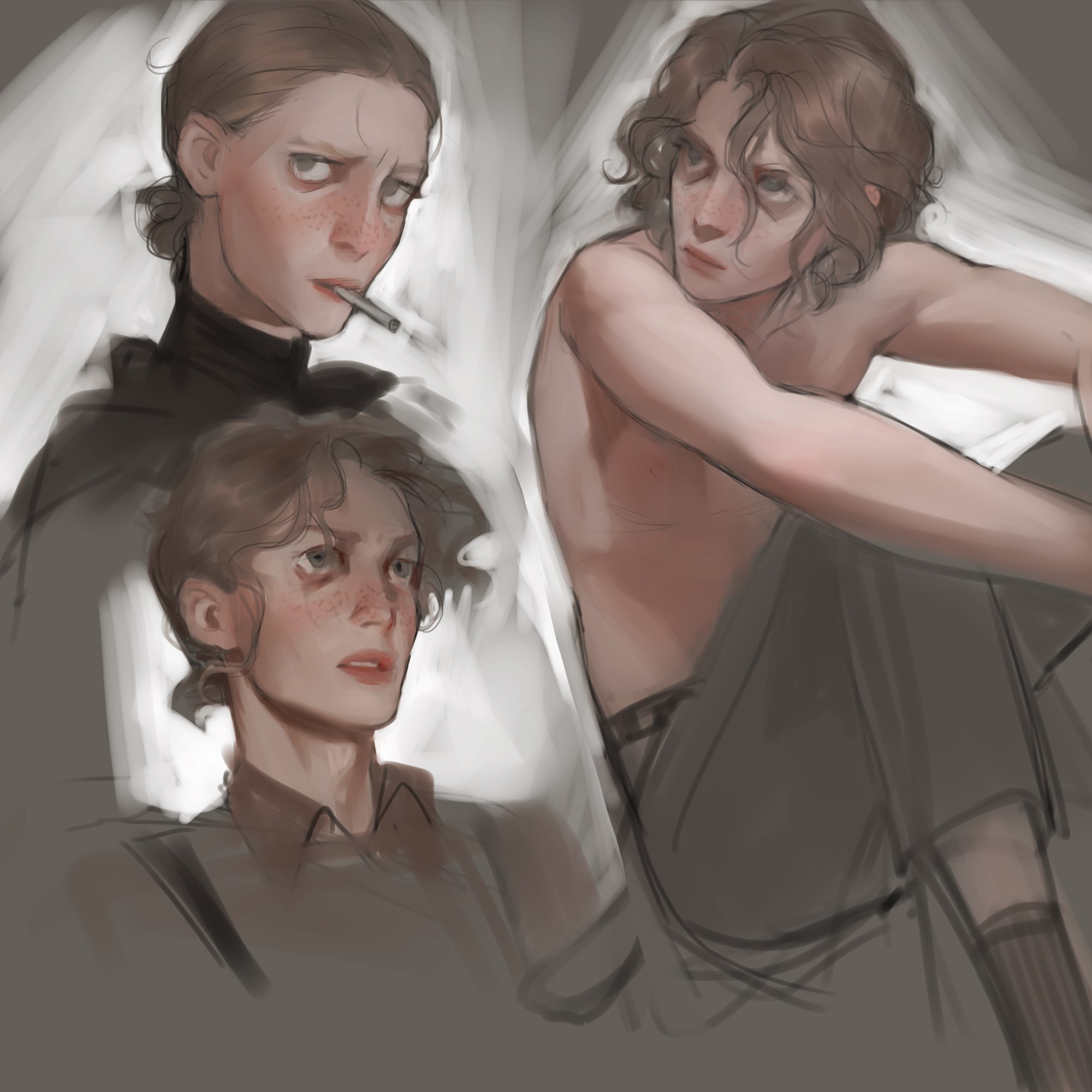 a digital sketch of a young man in three different poses and states of dress. he has freckles, brown hair, and is shown with a cigarette in one image. the style is loose and expressive.