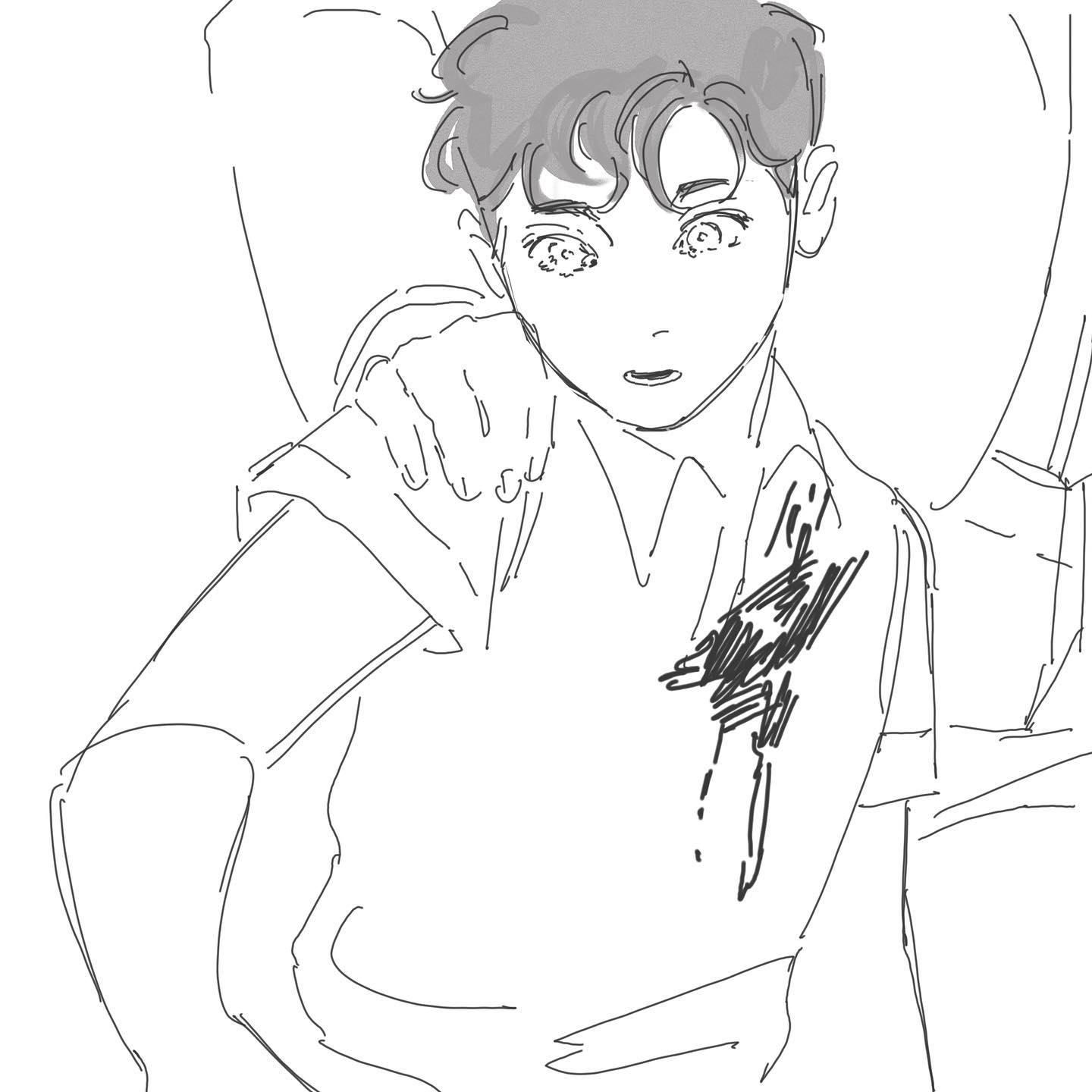 a simple line drawing of a young boy sitting with one arm resting on his shoulder and a hand reaching out towards the viewer. the boy has his hair pulled back in a casual style with a shirt on. the drawing has a minimalist feel with simple lines and shading.