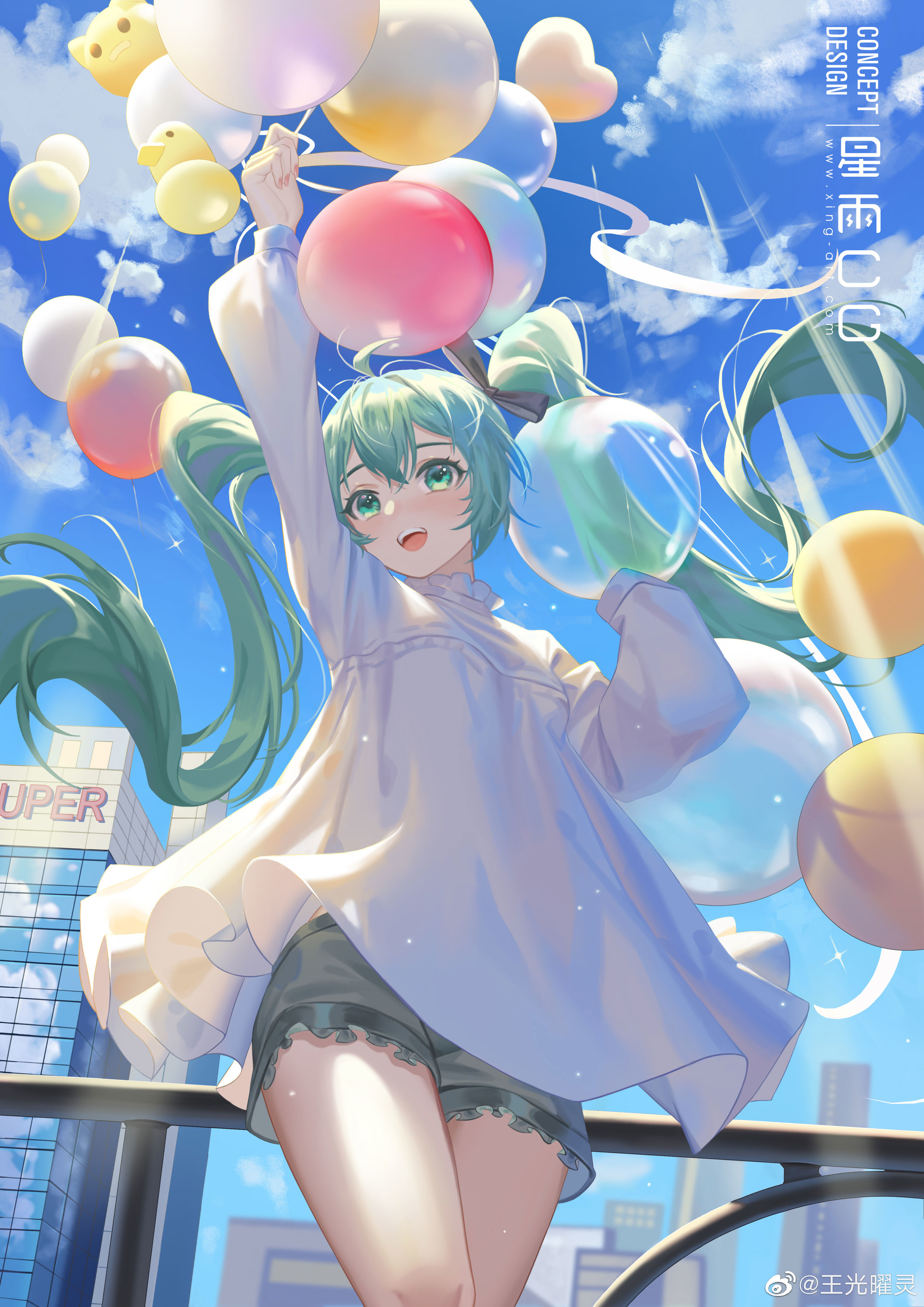the image is a vibrant digital illustration of hatsune miku, a popular japanese virtual singer. she is depicted as a cheerful anime girl with long, bright green twintails, wearing a loose white shirt and dark shorts.  miku is joyfully holding a bunch of colorful balloons of various shapes and sizes, some transparent, against a sunny cityscape backdrop. the overall mood is light, airy, and playful, evoking a feeling of summer and carefree joy. the art style is soft and pastel, with a focus on light and bright colors.  the background includes buildings and a clear blue sky with fluffy clouds. the style is reminiscent of both anime and manga artwork.