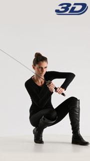 a woman in a black bodysuit and boots crouches while holding a sword. she is in a fighting stance, with the sword held in front of her. the background is white and the lighting is soft, suggesting a studio environment. the image is likely a pose reference for artists, as indicated by the "3d" logo in the top right corner.