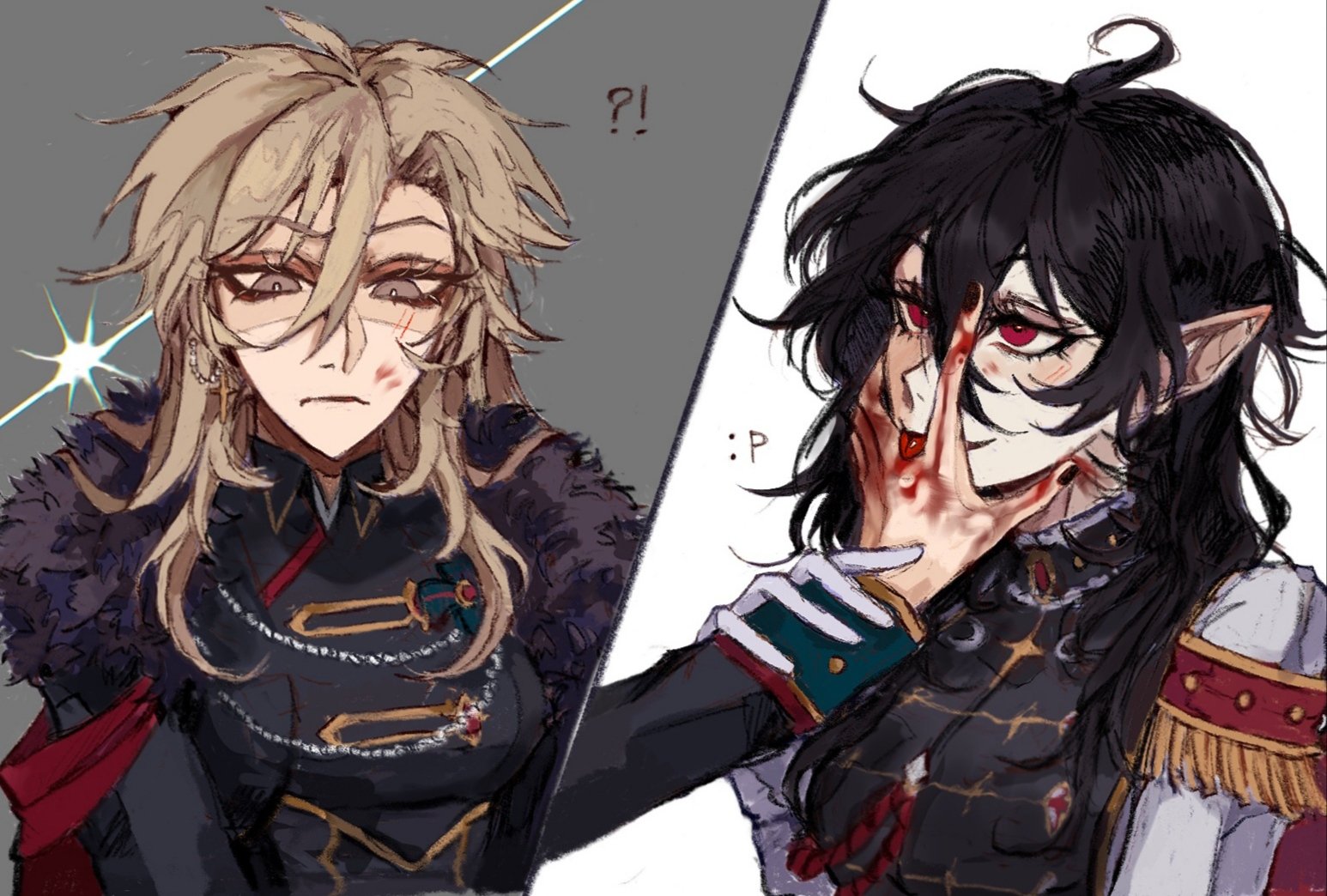 the image is a digital drawing in anime/manga style featuring two male characters.  the character on the left has long, light blonde hair, and is wearing a dark, militarystyle uniform with red and gold accents. he appears slightly surprised or annoyed, with small red marks on his face that look like minor injuries. the character on the right has long, dark black hair, and is also dressed in a dark uniform with red and gold details; but his is more ornate and less militaristic.  this character has blood on his hands and face, giving a playful yet slightly sinister vibe.  he appears to be smirking while holding his hand up to his face near the injuries. the overall style is detailed, with a focus on clothing design and character expression, suggesting a scene from a fantasy story or video game.  text bubbles indicate a playful interaction between the two characters ("?!", ":p").
