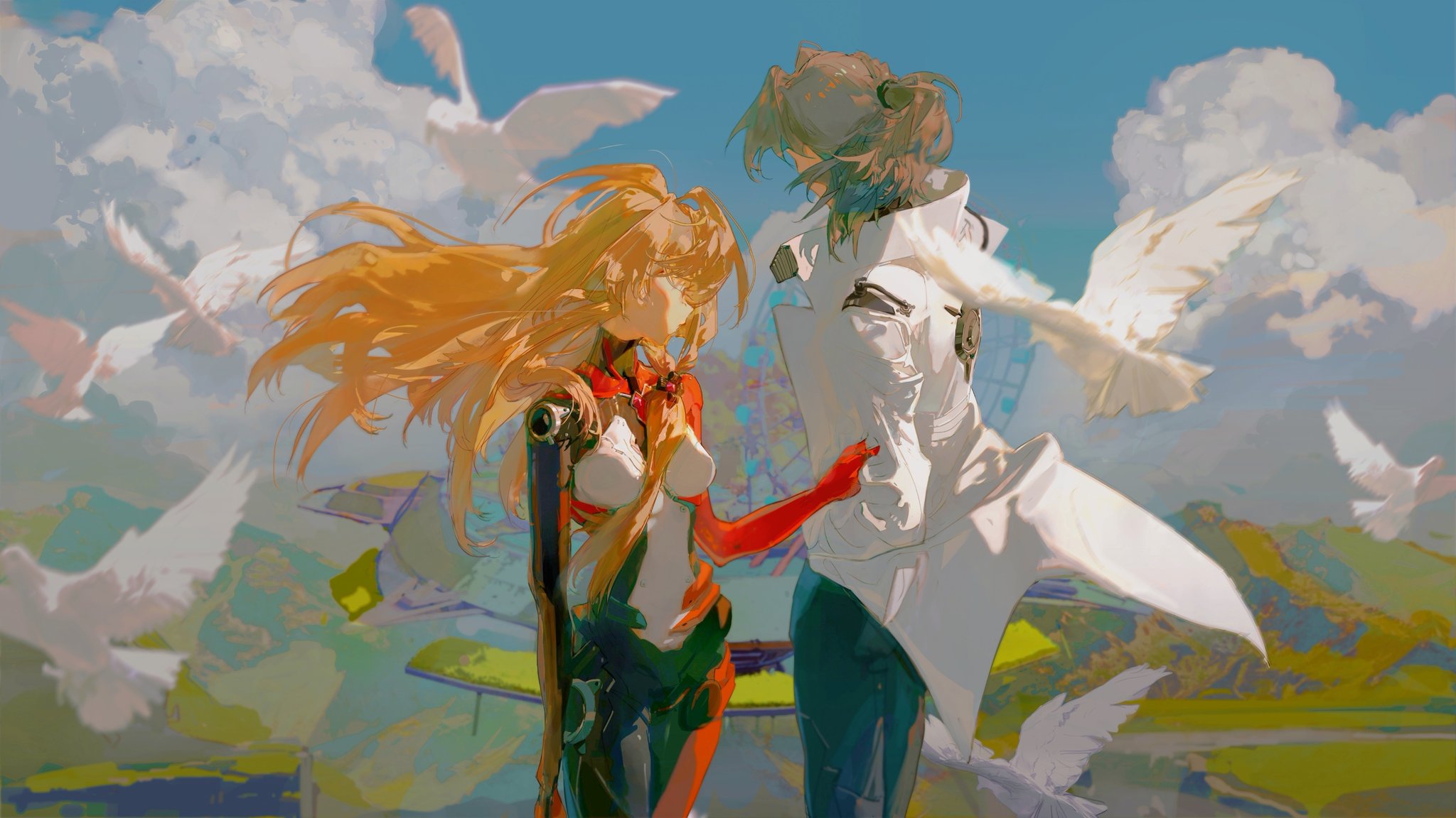 the image features two anime characters against a backdrop of a blue sky filled with fluffy white clouds. the character on the right is a woman with short, dark blue hair wearing a white jacket, dark blue pants, and white shoes. the character on the left is a woman with long, bright orange hair wearing a red and white dress, with dark blue pants. there are many white birds flying in the sky, and the wind is blowing through the woman's hair on the left. the landscape below is green and grassy with a few trees. the image is a beautiful and colorful illustration that is full of life and energy.