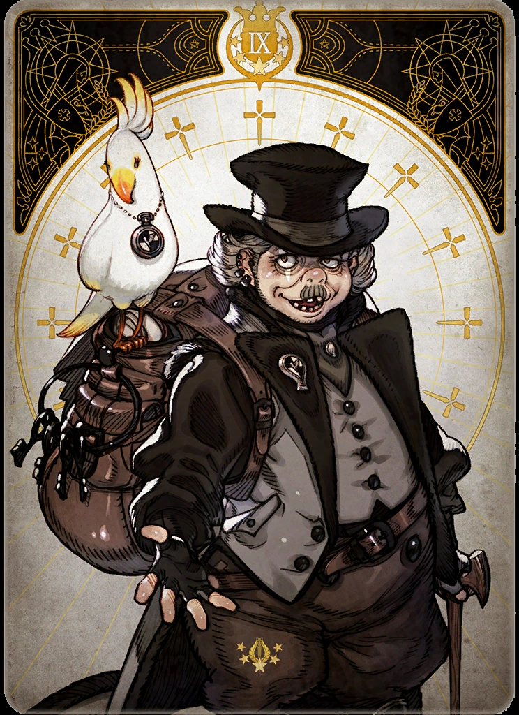 the image showcases a stylized portrait of a man, likely designed for a tarot card, given the roman numeral "ix" at the top. he is dressed in a victorianinspired ensemble, complete with a top hat, tailcoat, and pocket watch.  his wide grin reveals missing teeth, adding a mischievous element to his persona.  a white cockatoo with a clocklike device around its leg perches on his satchel.  the background features an intricate design reminiscent of art nouveau, incorporating a clock face motif. the overall aesthetic blends fantasy and steampunk elements.