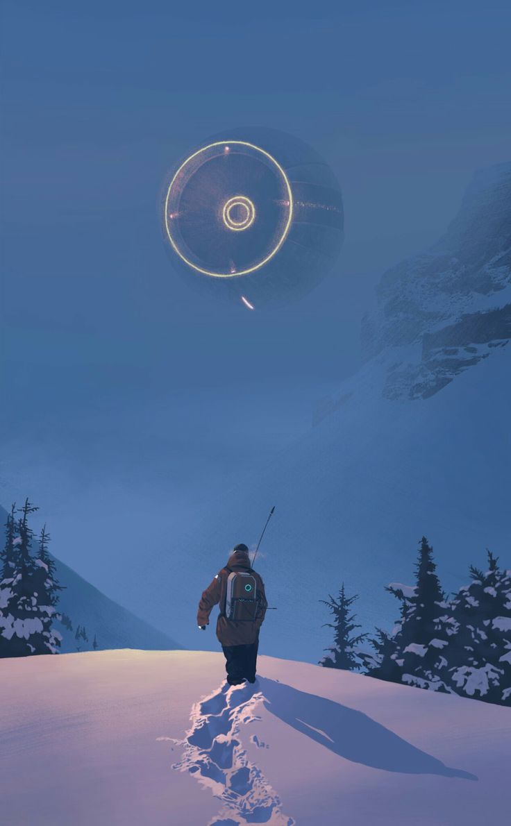 a lone figure trudges through deep snow in a mountainous landscape, dwarfed by the vastness of the twilight sky.  the individual, bundled in warm clothing, carries a backpack and a long staff, leaving a trail of footprints in their wake.  their gaze seems fixed on a luminous ringshaped object hovering in the distance, emanating a soft glow against the deep blue canvas of the sky.  coniferous trees dot the snowcovered slopes, adding to the serene yet mysterious ambiance of the scene.