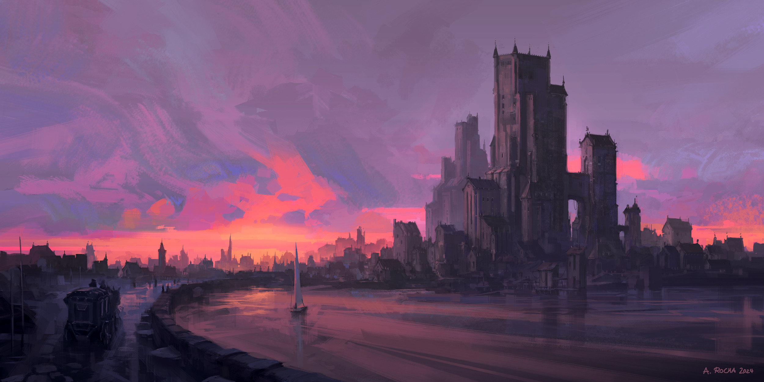 the image depicts a wideangle view of a city at sunset. the foreground showcases a cobblestone path leading towards the city, with a horsedrawn carriage and silhouetted figures traveling along it. a lone sailboat glides peacefully on the river that separates the path from the city. the city itself is bathed in the warm hues of the setting sun, with its skyline dominated by the imposing ruins of a gothic castle. the overall ambiance is one of tranquility and a touch of melancholy, capturing the beauty of a bygone era.