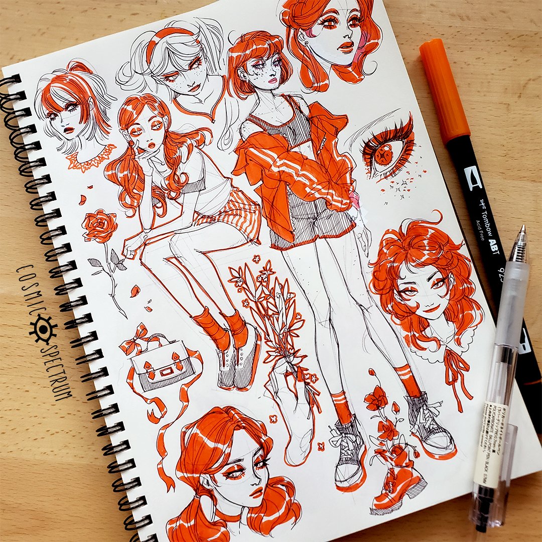 the image shows a sketchbook filled with vibrant orange ink drawings.  the style is a blend of anime and manga influences, featuring various female characters with distinct hairstyles and outfits.  the drawings are dynamic and expressive, with a focus on detail in the hair and clothing.  several accessories like a rose, flowers, and a handbag are included.  a tombow dual brush pen in orange is prominently displayed next to the sketchbook.  the overall impression is one of energetic and creative artistic expression.