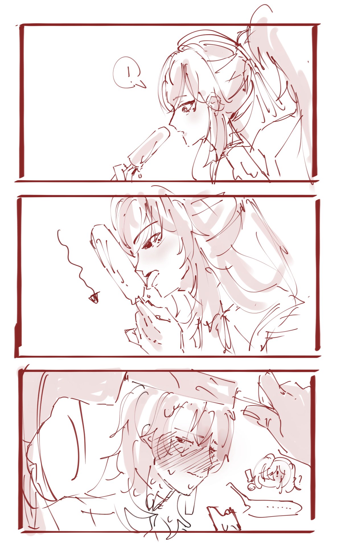 this is a three panel comic strip. the first panel shows a girl with her hair in a ponytail holding a popsicle and looking to the left. she is wearing a collared shirt with a bow tie. in the background is a thought bubble with an exclamation point. the second