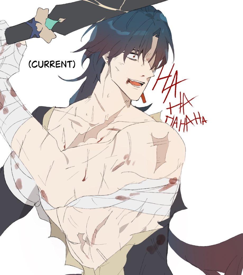 a man with dark blue hair, is wielding a sword and has a twisted smile on his face while he laughs hysterically. the image has a red and brown color scheme and is done in an anime style.