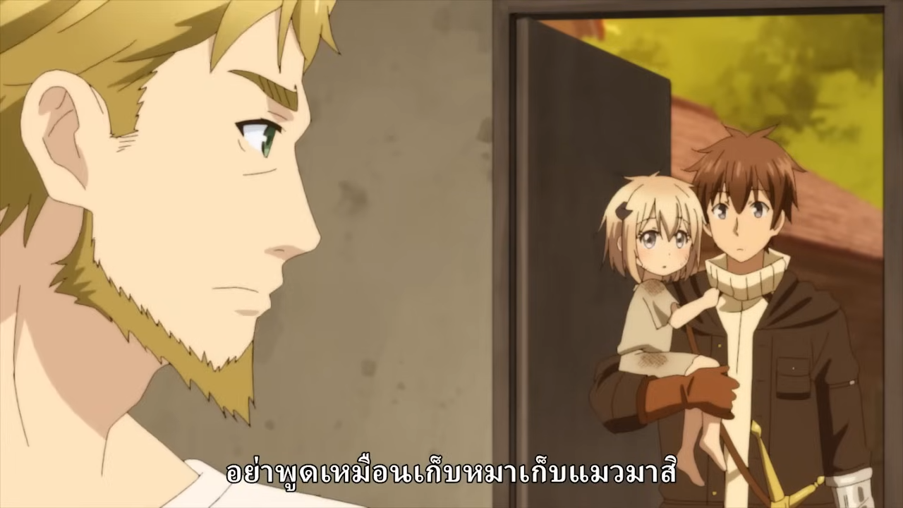 the image shows a still from an anime.  a blonde man with a concerned expression stands in the foreground, looking towards the right. in the background, a brownhaired man stands in a doorway, holding a small, blonde girl with large eyes. the girl appears to be wearing tattered clothing. the scene is lit with soft, natural light, giving it a warm and slightly muted tone. the overall composition and expressions suggest a moment of concern and possibly tension.