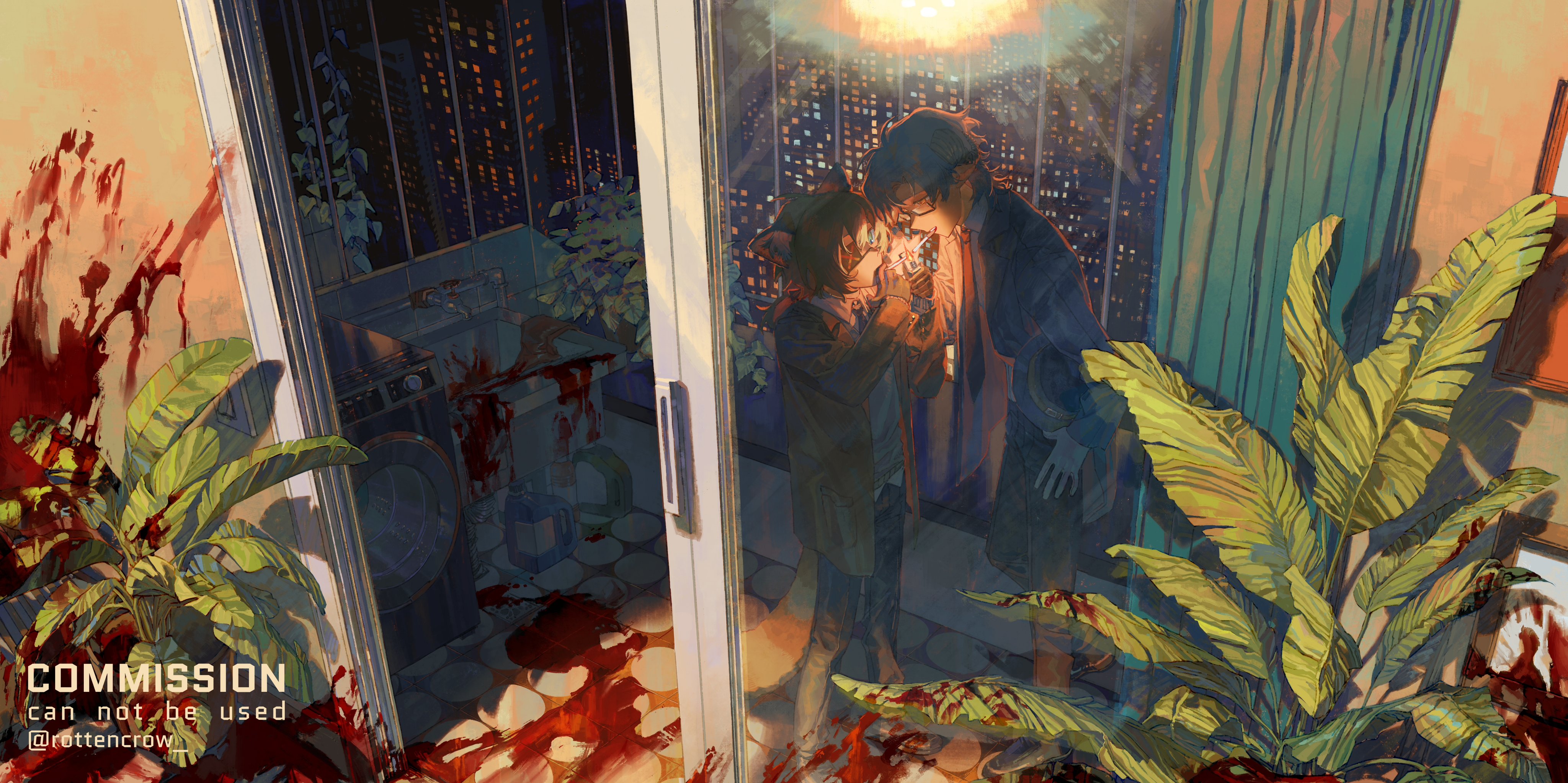this is an illustration of an anime couple looking at each other while standing in a room with a bloody floor. the room appears to be an apartment with a window that looks out to a city, and the couple is silhouetted against the outside cityscape. the room is cluttered with various objects. the image has a dark and mysterious tone. the blood splatters on the floor give the image a violent and scary feel.