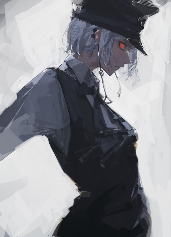 a side view portrait of a fictional female officer with white hair and red eyes wearing a uniform and a hat, against a white background. the lighting is from the back, creating a silhouette effect.