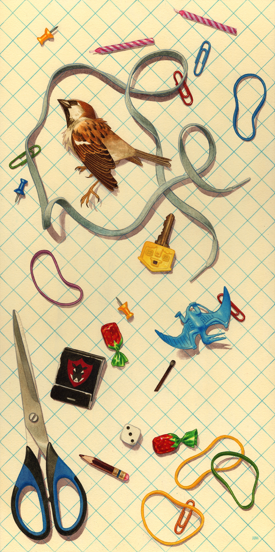 the image depicts a cluttered tabletop scene from a bird'seye view. a deceased sparrow lies in the center, entangled in a blue ribbon. scattered around it are various everyday objects, including scissors, rubber bands, paper clips, push pins, a dice, a pencil, a key, candy, an eraser, a sharpener, and a small blue toy dragon. the items are arranged on a beige gridpatterned surface, reminiscent of graph paper, creating a sense of organized chaos. the overall tone is whimsical yet melancholic, hinting at themes of childhood, mortality, and the passage of time.