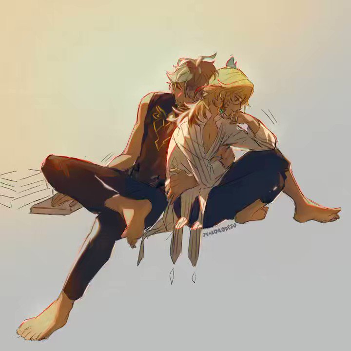 the image depicts two young men in an anime style, sitting close together. the one on the left is leaning back while resting his arm around the other's shoulder.  the man on the right is leaning his head against the other’s shoulder, with a faint smile. both are wearing casual clothes and have blonde hair. the image gives off a peaceful and affectionate vibe, implying a close relationship between the two.