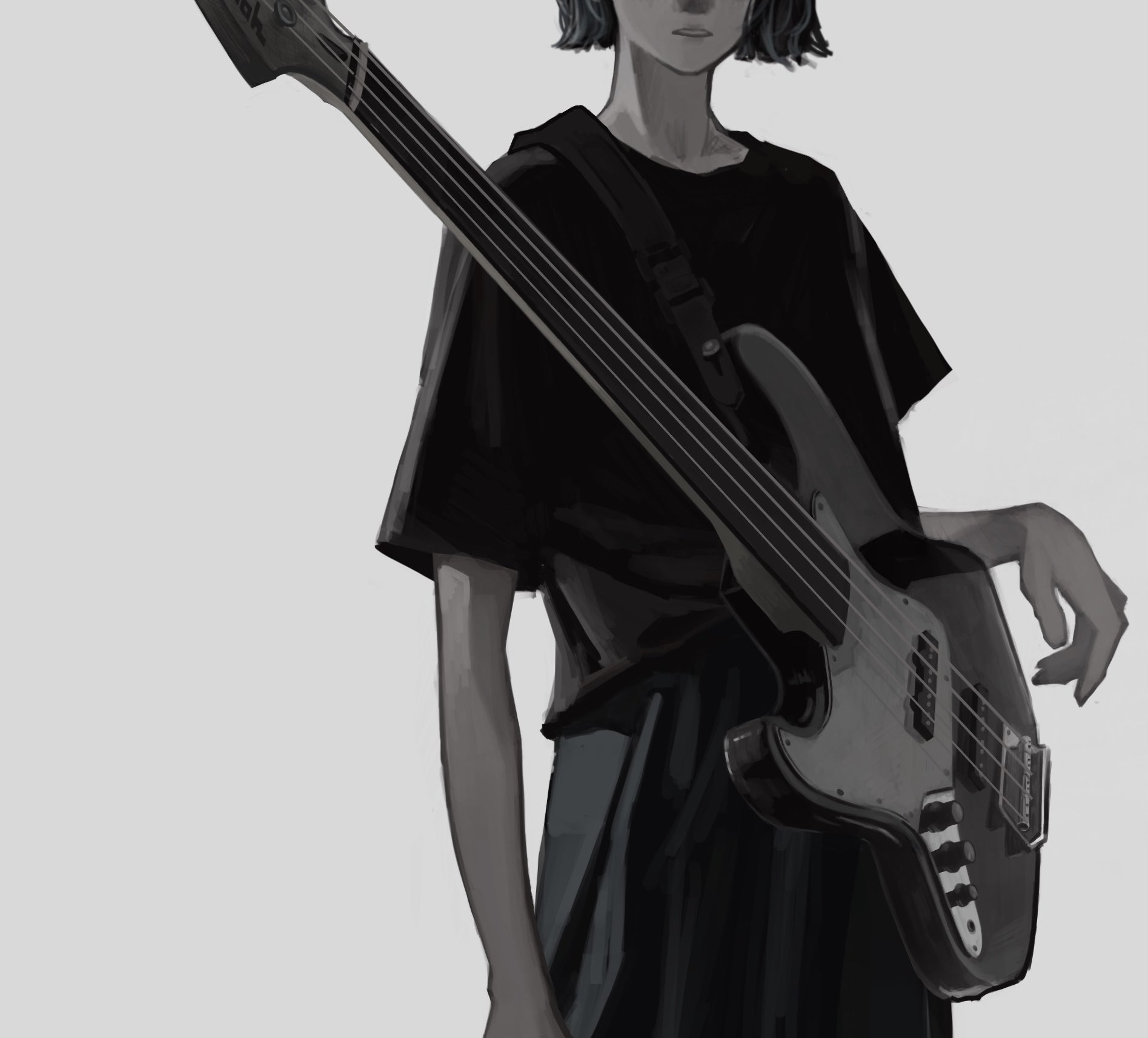 he image is a digital painting or illustration of a young woman, possibly anime or manga style, with short dark hair, wearing a black tshirt and dark pants. she is holding a bass guitar, which is prominently featured in the image.  the overall style is dark and monochrome with gray tones and a muted color palette, giving it a somewhat moody and minimalist aesthetic. the woman appears calm and sophisticated.  the focus is on the girl and her instrument, creating a stylish and visually appealing portrait.