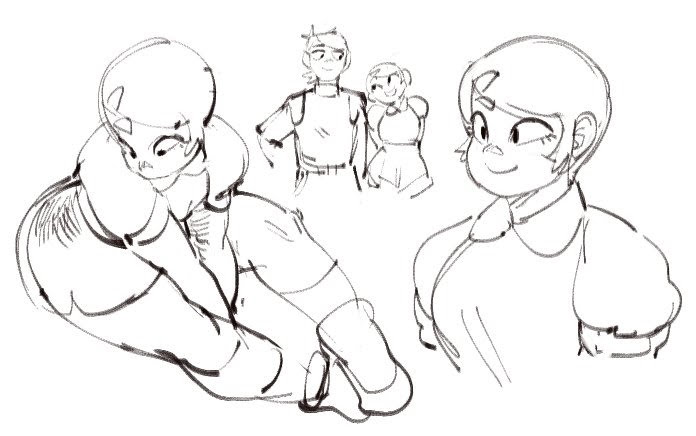 this is a cartoon illustration of four people. there are three females and one male. they are drawn in a simple, sketchy style. the females are all smiling and looking happy. the male is standing with his arms crossed. they are all casually dressed. the characters are drawn in a style that is reminiscent of anime or manga. the illustration is filled with a sense of fun and lightheartedness.