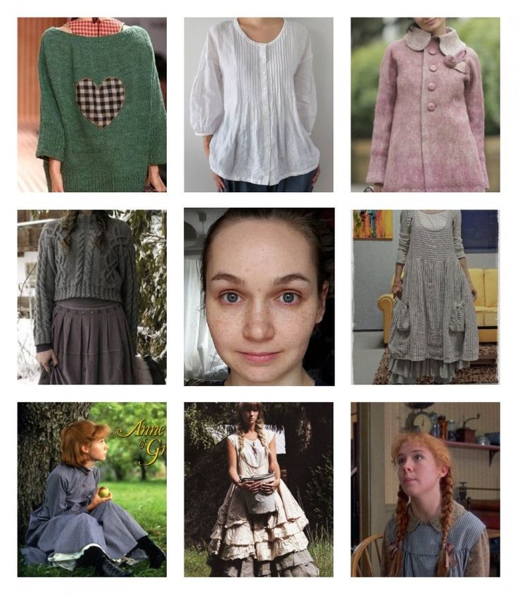 this image is a collage of 9 different pictures that showcase various styles of fashion worn by women and girls. the first row features a woman wearing a green sweater with a white and black heart, a woman wearing a white blouse, and a woman wearing a pink coat with a white collar. the second row features a woman wearing a gray sweater and skirt, a closeup portrait of a woman with brown hair, and a woman wearing a grey, long dress with ruffles. the third row features a girl wearing a blue dress, a woman wearing a white and beige dress with frills and a basket in her hand, and a girl wearing a blue and white dress with her hair in braids. all of the clothes are in a vintage, rustic style, with some featuring ruffles, lace, and patterns.