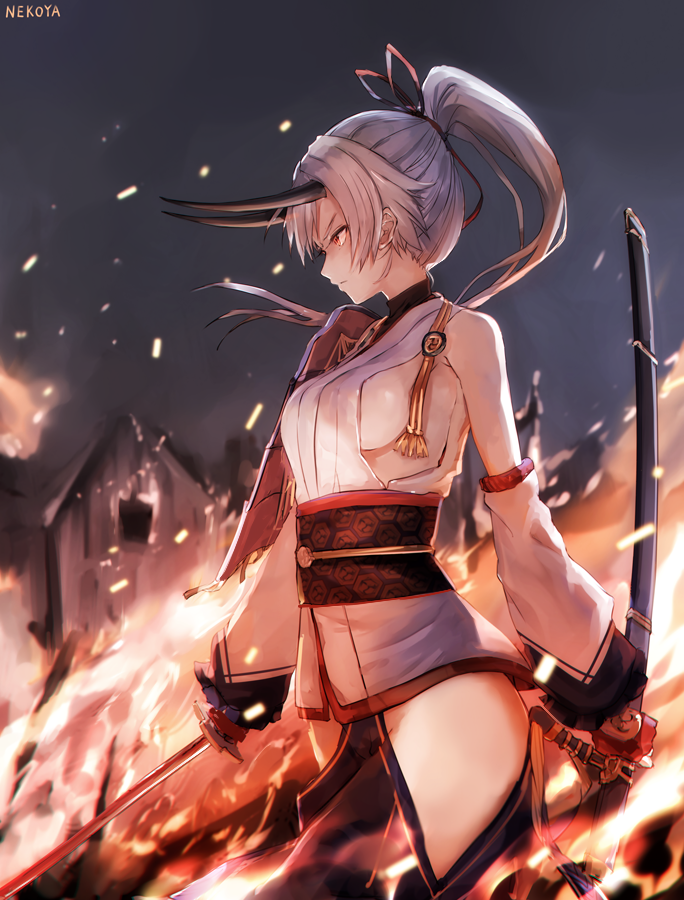 the image is a digital artwork depicting an animestyle female warrior. she has long, white hair tied up in a high ponytail, a pair of small horns on her head, and red eyes. she's wearing a stylized kimonolike outfit that's a mix of white and red, with darkcolored undergarments visible. her expression is serious and determined.  she wields a katana, and is surrounded by a fiery scene suggestive of a battle or conflict, with burning buildings visible in the background. the overall style is dramatic and dynamic. the artist's signature, "nekoya," is visible in the upper left corner.